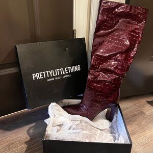 PrettyLittleThing Burgundy Knee High Heeled Boots
